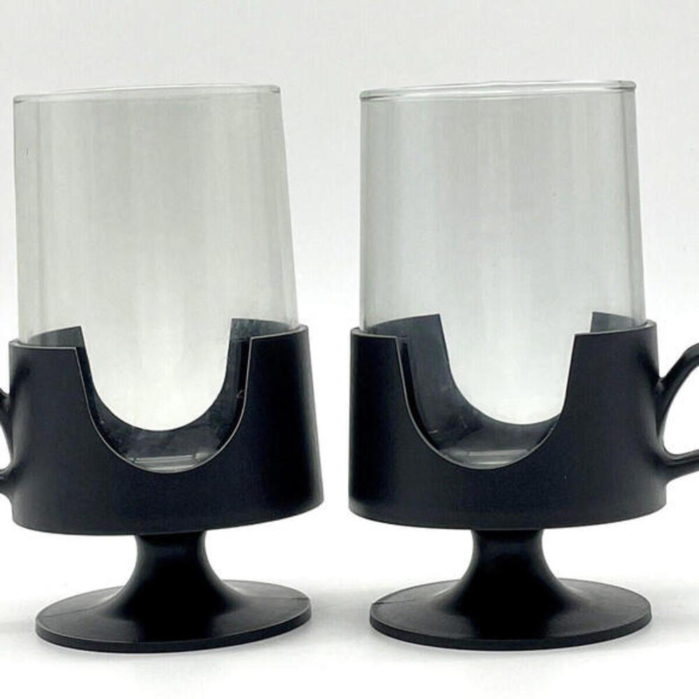 Retro Black Handle Pedestal 8oz Glass Mugs Corning Hot‎ Cold GLAS SNAP
